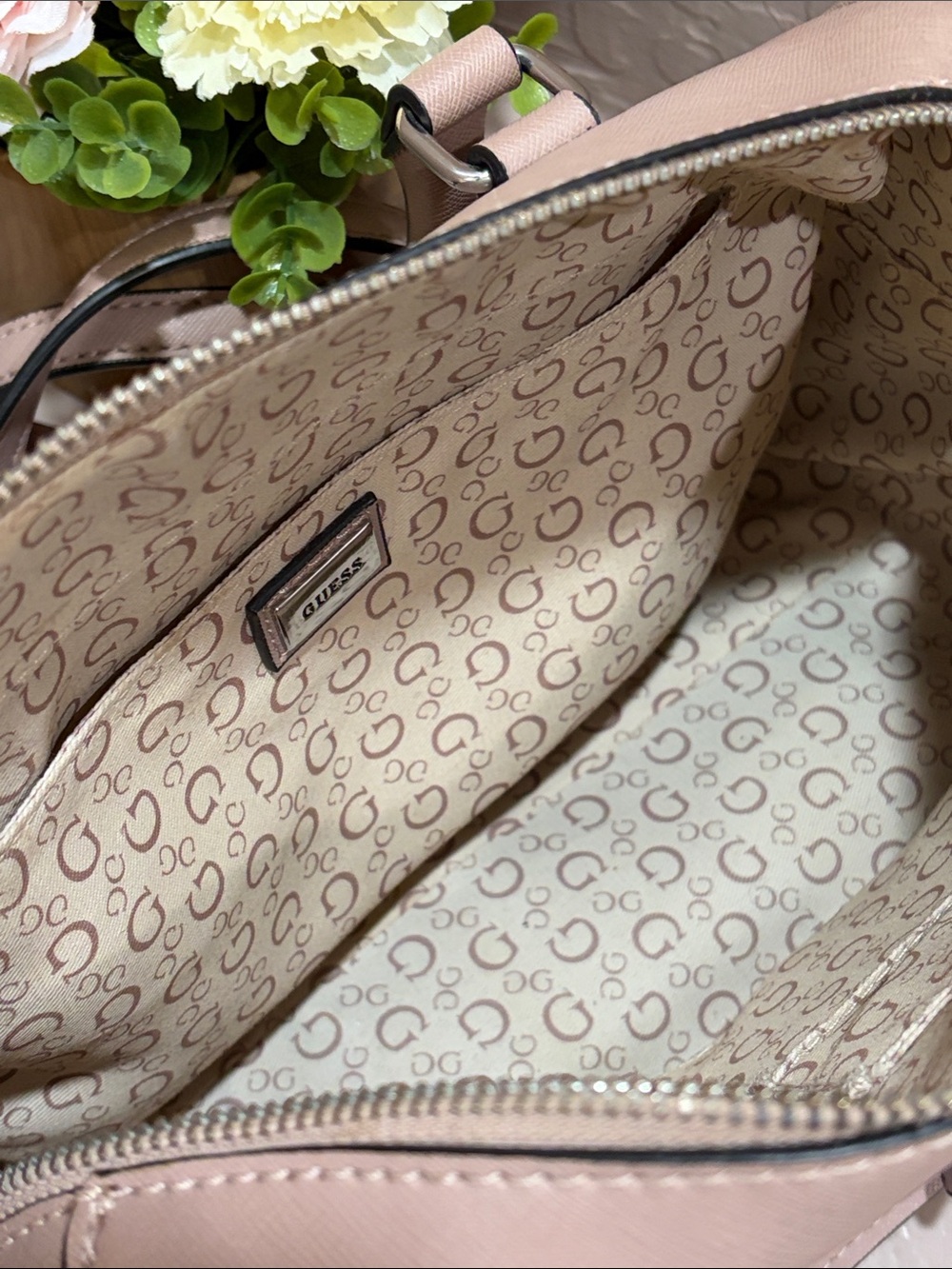 GUESS Crossbody Satchel with Embossed Logo ~ Mauve/Taupe - Picture 7 of 10